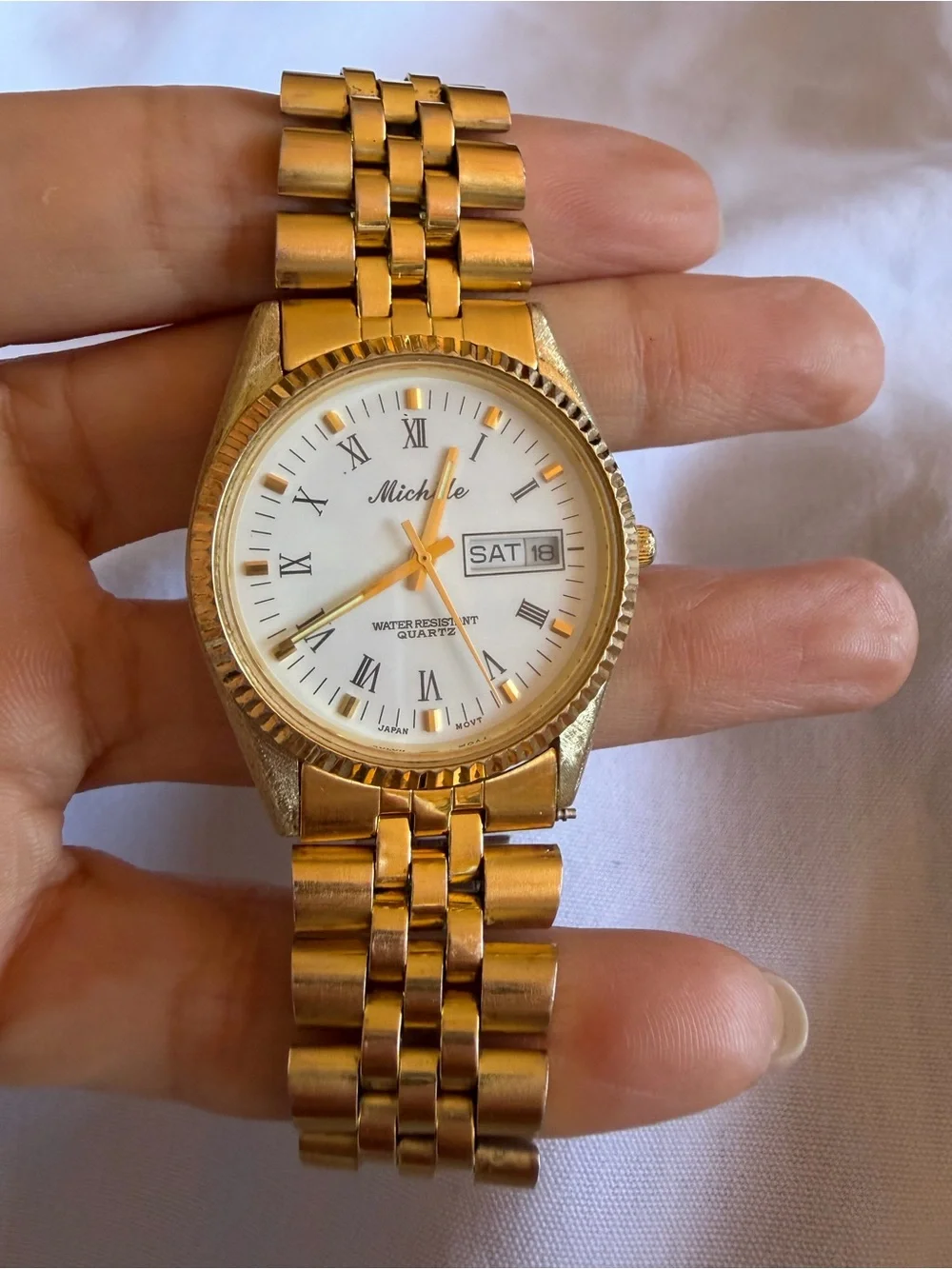 Vintage Michele 33mm Gold Tone Quartz Day Date Watch White Roman Dial - Picture 13 of 15